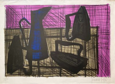 purple and black drawing of a chair and a vase on a table