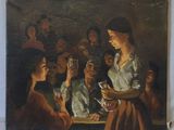 painting of a woman holding a glass of wine in front of a group of people