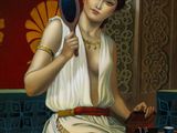 painting of a woman sitting on a couch holding a mirror