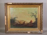 une peinture à l'huile représentant un homme avec un chien et des moutons dans un paysage