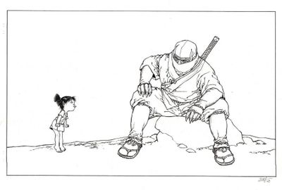 un dessin à l'encre représentant un homme assis sur un rocher à côté d'une petite fille