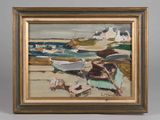 une peinture à l'huile représentant des bateaux sur la plage, près d'une maison