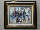 a painting of a group of men sitting on a bench