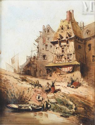 an image of a painting of a house on the side of a river