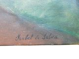 an oil painting of a beach scene with a boat in the water