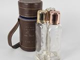 pair of glass salt and pepper shakers with leather case