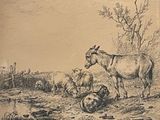 a drawing of a donkey and sheep in a field