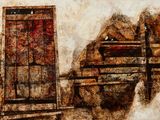 a painting of a man sitting on a bench in front of a door