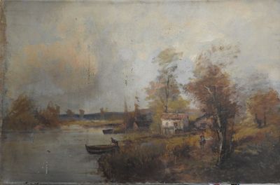 un tableau représentant une scène fluviale avec des bateaux sur l'eau