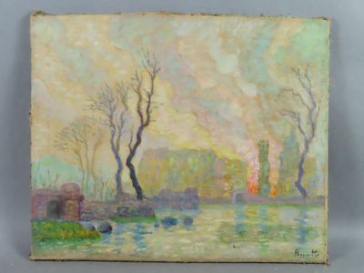 une peinture à l'huile représentant une rivière avec des arbres et des bâtiments en arrière-plan