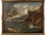 a painting of a landscape with a castle on a cliff and a boat in the water