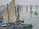 painting of boats in a harbor with a bridge in the background
