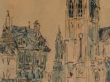 drawing of a large building with a clock tower in the middle of it