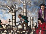 a painting of a group of people working in a factory