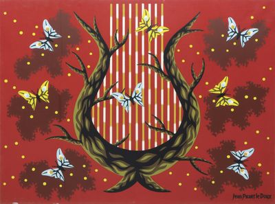 a painting of a tree with many butterflies on it