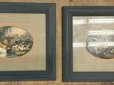 two framed pictures hanging on the wall of a room
