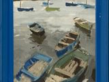 un tableau représentant un groupe de bateaux sur l'eau