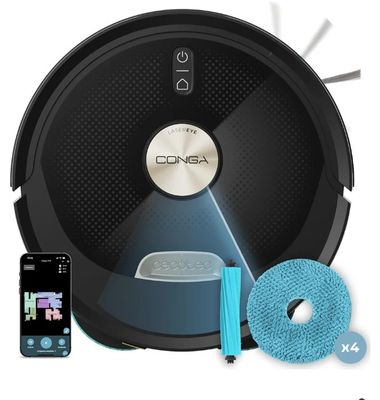 une image représentant un aspirateur robot équipé d'un chiffon de nettoyage et d'un téléphone
