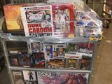 a cart full of comic books in a warehouse