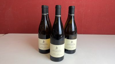 trois bouteilles de vin sont posées sur une table devant un mur rouge