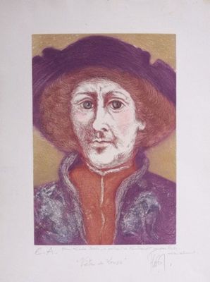 portrait of a man in a purple hat and red shirt