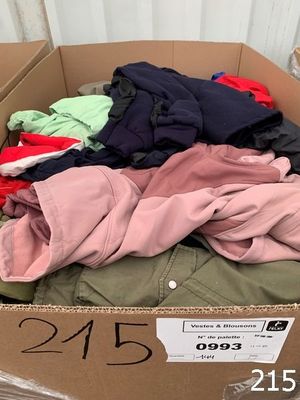 a cardboard box filled with lots of clothes and a price tag