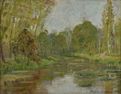 painting of a river in a wooded area with trees in the foreground