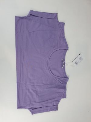 the back of a purple shirt with a tag on it