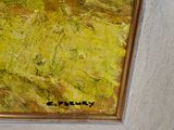 a painting of a yellow field with trees in the background