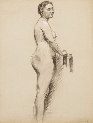 un dessin représentant une femme debout, une valise à la main