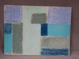 abstract painting of blue and green squares on a brown background