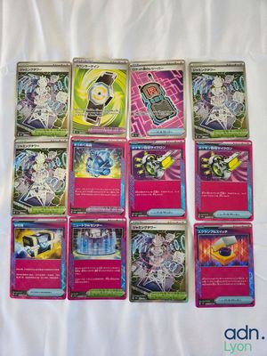 several cards of different types are on a white surface