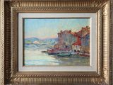 an oil painting of a harbor scene with boats in the water