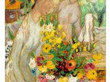 painting of two women with a bouquet of flowers in front of a window