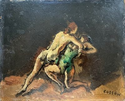 une peinture à l'huile représentant un homme aux prises avec une femme vêtue d'une robe verte