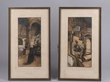 deux reproductions encadrées représentant une femme et un homme dans un vieux bâtiment