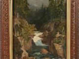 a painting of a river in a forest with rocks and trees