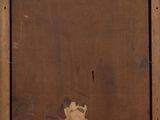 a painting of a cat in a wooden frame with a tag on it