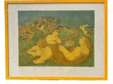 painting of a couple laying on the grass with other people in the background