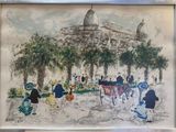 a painting of a horse drawn carriage in front of a building