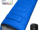 une image représentant un sac de couchage bleu avec un sac noir à côté