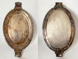 two pictures of a silver oval mirror on a wall