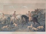 a picture of a painting of two men riding horses and dogs