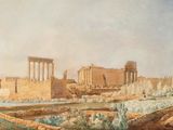 painting of a view of the temple of posena and the ruins of the temple of posena
