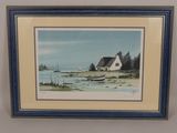 painting of a house on a beach with a boat in the water