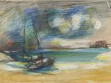 peinture d'un voilier sur une plage avec une pleine lune en arrière-plan