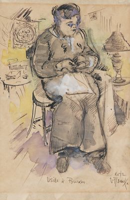 drawing of a woman sitting in a chair with a cat in her lap
