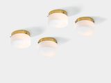 a set of four brass and glass wall lights on a white background