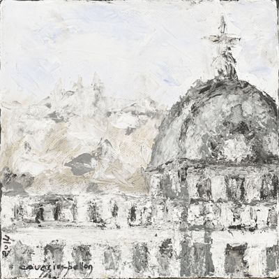 une peinture représentant un bâtiment surmonté d'une horloge