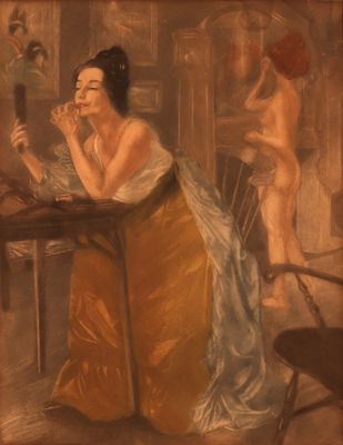tableau représentant une femme assise à une table devant un miroir